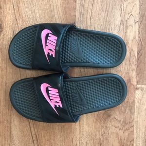 Nike Pink and Black Slides Size 8